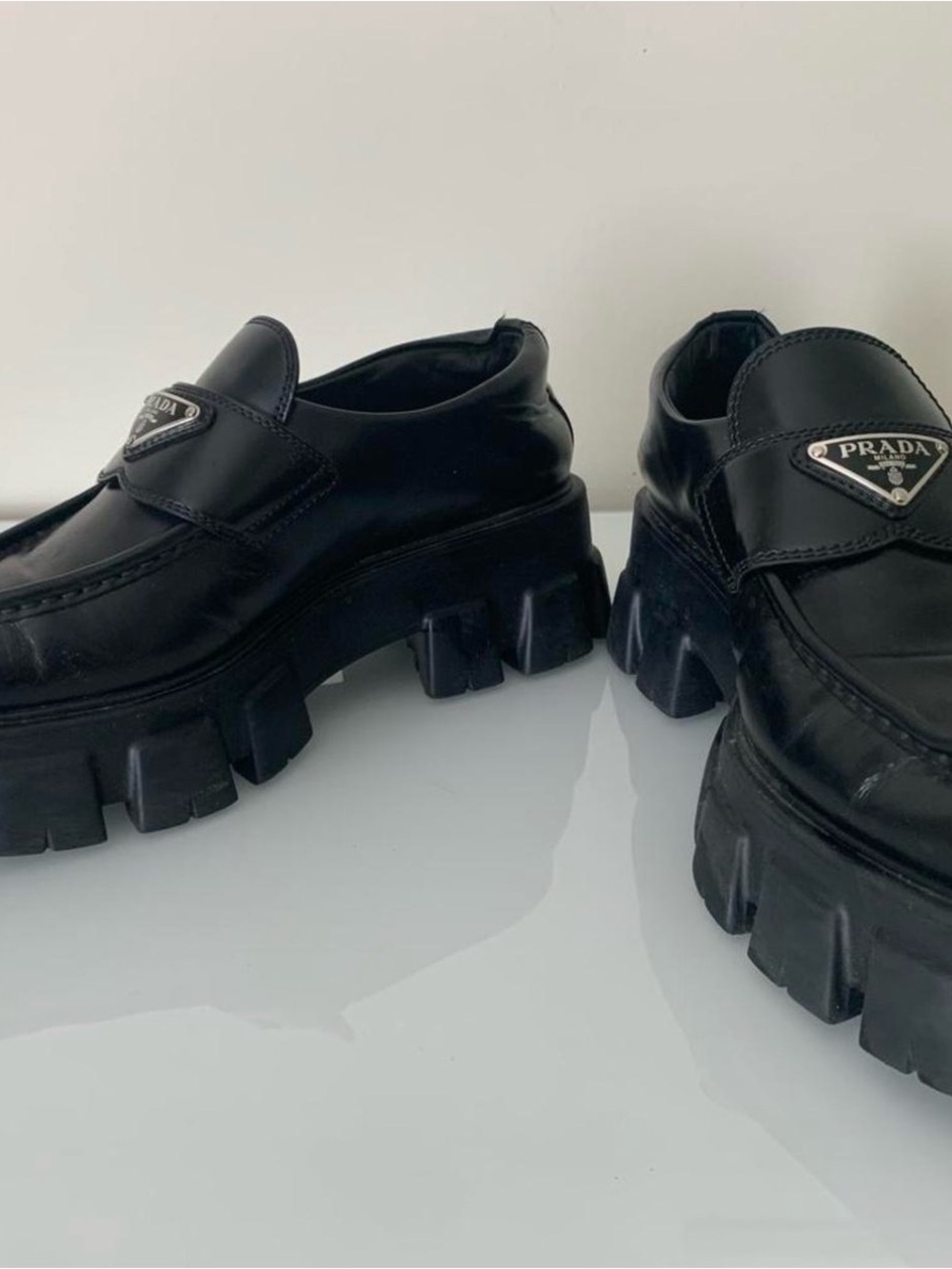 Prada Black Leather Lug-Sole Slip-On Loafers with Logo Plaque - Picture 2 of 4